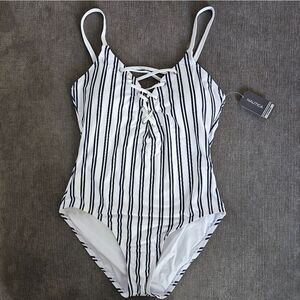 Nautica Cool white & navy Lace-Up Stripe Women's One Piece Swimsuit size large